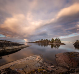 Twilight on Lake Ladoga. Ladoga Skerries National Park. Karelia, Russia