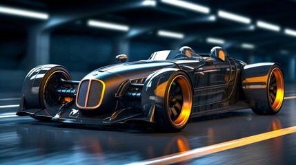 A sleek back sports car with its engine indling