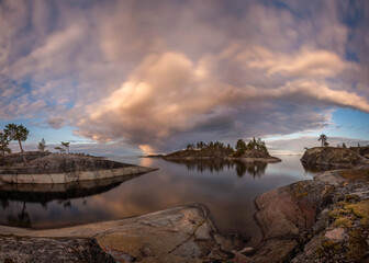 beautiful sunrise on Lake Ladoga. Ladoga Skerries National Park. Karelia, Russia