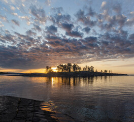 beautiful sunrise on Lake Ladoga. Ladoga Skerries National Park. Karelia, Russia