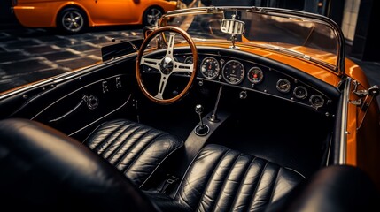Black leather interior of a sports orange car