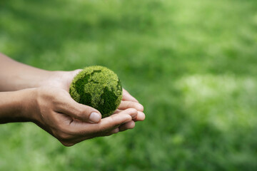 Environment Earth Day In the hands holding green earth. care, saving and energy are renewable and...