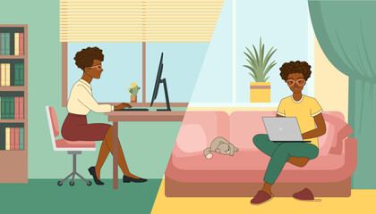 Business dark-skinned woman at a hybrid job sits at a table between office and home cozy environment, vector illustration in flat cartoon style