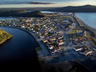 Aerial sand spit town of Placentia Newfoundland overlooking the East coast of canada and waterfront...
