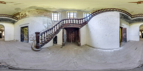 360 hdri panorama inside empty abandoned room or old building with spiral staircase in full seamless spherical equirectangular projection, ready AR VR virtual reality content © hiv360