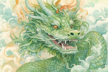 Fototapeta na wymiar A watercolor print featuring an Asian inspired green dragon, adorned with intricate patterns and delicate brushstrokes