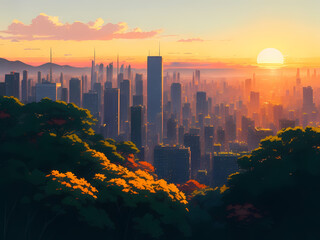 山から見る夕焼けの街のアニメのようなイラスト（Generative AI）