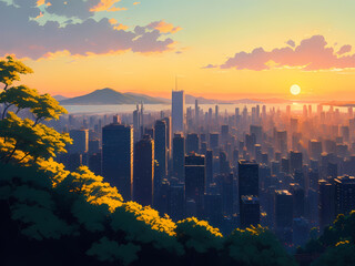 山から見る夕焼けの街のアニメのようなイラスト（Generative AI）