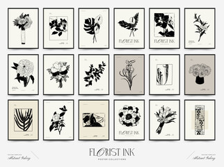 Obraz na płótnie Canvas Abstract floral posters template. Modern Botanical trendy black style. Vintage flowers. Ink wall art.