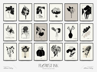 Abstract floral posters template. Modern Botanical trendy black style. Vintage flowers. Ink wall art.