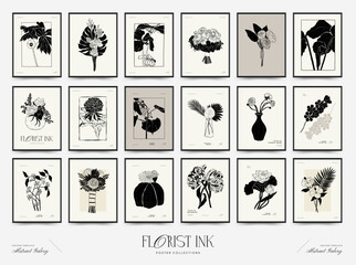 Abstract floral posters template. Modern Botanical trendy black style. Vintage flowers. Ink wall  art.