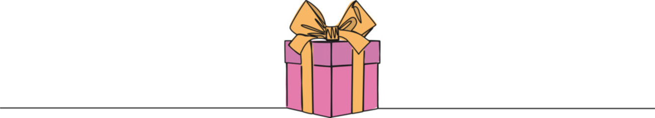 colorized continuous single line drawing of gift box with ribbon, line art vector illustration