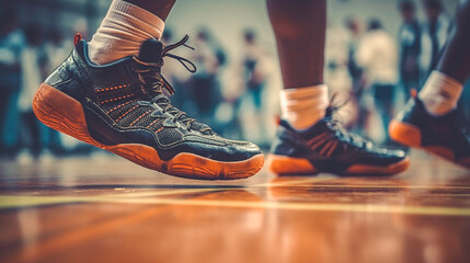 Feet only shot of sports shoes close up on a basketball court.