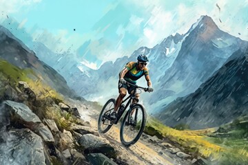 Naklejka na ściany i meble Cyclist near a rocky mountain