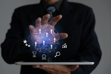 Naklejka premium HRM or Human Resource Management, focus to manager icon which is among staff icons for human development recruitment leadership and customer target. resume, interview. Plan, Do, check, Action, testing