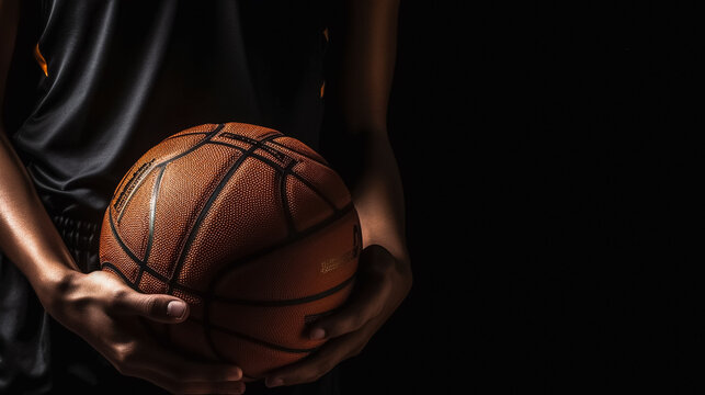 Close up photo of a basketball held by an athletic player. Dark setting, no face visible.