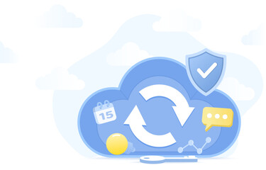 Cloud computing upload and download data online concept. Backup management, cloud storage, synchronization, database transfer. Background with copy space. Flat vector illustration.