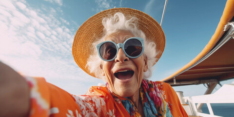Lifestyle portrait of eccentric elderly woman taking a selfie on boat vacation, Generative AI