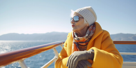 Lifestyle portrait of eccentric elderly woman in yellow coat and sunglasses on boat vacation, Generative AI