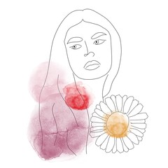 Watercolor drawing, line art woman, watercolor, female portrait, minimalism, flower, watercolor flower