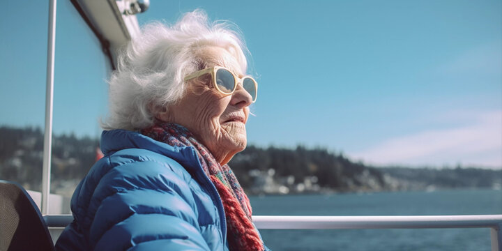Lifestyle portrait of eccentric elderly woman in down coat and sunglasses on boat vacation, Generative AI