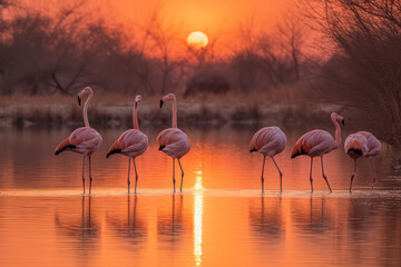 flamingos in the lake sunset time with Ai Generated