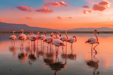 Obraz premium flamingo in the sunset on the lake with Ai Generated