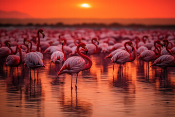 flamingos in the lake during sunset time with Ai Generated