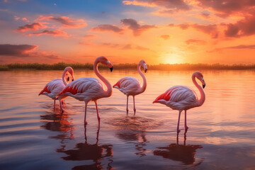 flamingos in the lake sunset with Ai Generated