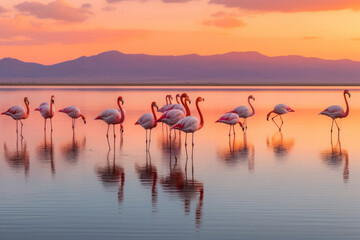 flamingos at sunset on the lake with Ai Generated