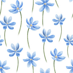 Obraz premium Seamless Floral Pattern with blue Flowers. Hand drawn watercolor illustration of print with wild forest plants on white isolated background. Botanical backdrop with daisy for wrapping paper or textile