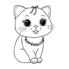 Coloring Page Outline Of cartoon little cat on flower clearing. Cute kitten with butterfly. Pet. Coloring book for kids