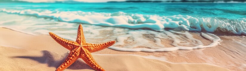 Fototapeta na wymiar The beach background with starfish on the sand and water