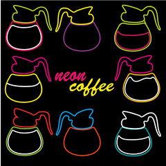 Retro Neon Coffee Diner Coffee Pot Menu Sign Vector Set 