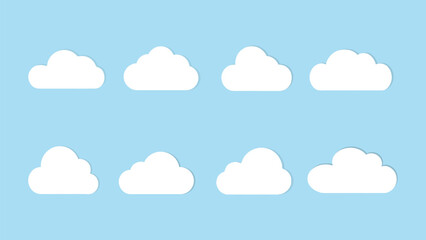 Cloud. Abstract white cloudy set isolated on blue background. Vector illustration.  Render soft round cartoon fluffy clouds icon in the blue sky