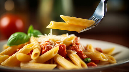 Penne Rigatoni Rigate eating pasta on fork meal from Italy lunch with tomato sauce on a plate