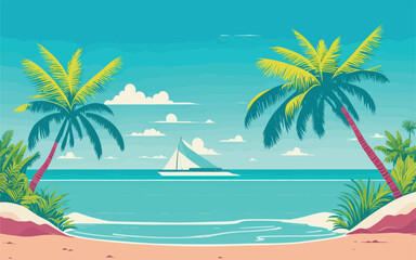 vector-styled background illustration depicting a tropical paradise with palm trees, white sandy beaches, and turquoise waters. The illustration should evoke a sense of relaxation and vacation vibes