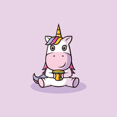 Cute unicorn drinking green tea cartoon illustration