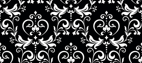 Wallpaper in the style of Baroque. Seamless vector background. White and black floral ornament. Graphic pattern for fabric, wallpaper, packaging. Ornate Damask flower ornament