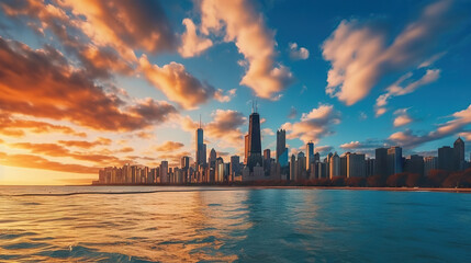 Chicago skyline at sunset, Illinois, United States. Generative AI.