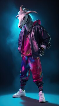 Hip Hop goat portrait in dark room, Generative Ai