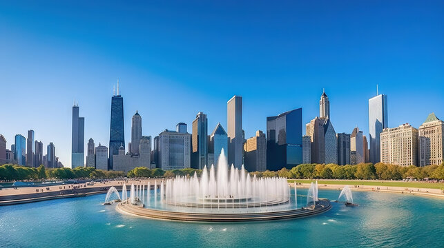 Skyline with fountain at Grant Park, Chicago, Illinois, USA. Generative AI.