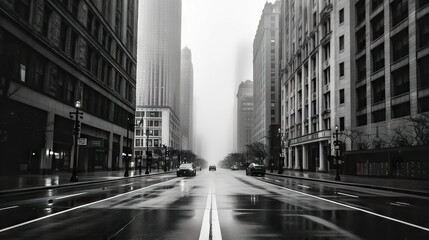 Street in the fog, Chicago, Illinois, United States of America. Generative AI.