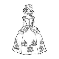 Fototapeta premium Cute cartoon girl dressed ball dress and tiara outline for coloring on a white background