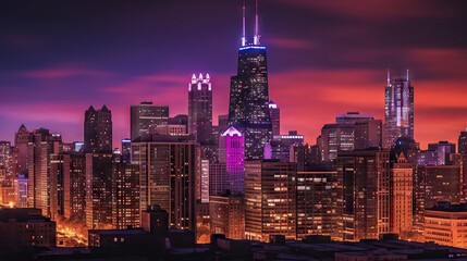Chicago skyline with illuminated skyscrapers at sunset, USA. Generative AI.