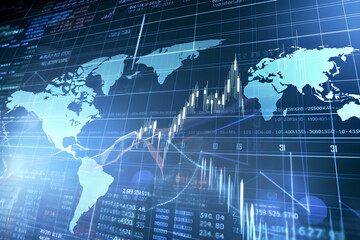world map with stock market graphs