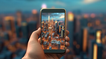 cityscape pop up from smartphone screen holding with one hand, Generative Ai