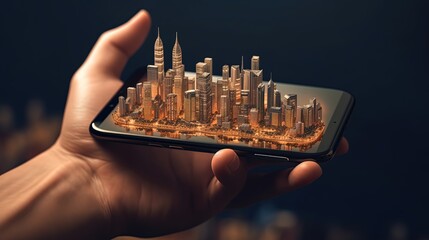 cityscape pop up from smartphone screen holding with one hand, Generative Ai