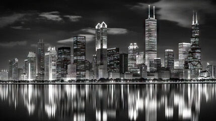 Obraz premium Chicago skyline at night with reflection in river, USA. Generative AI.