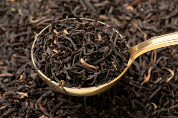 Spoonful of Nonaipara Assam dried tea leaves full frame close up